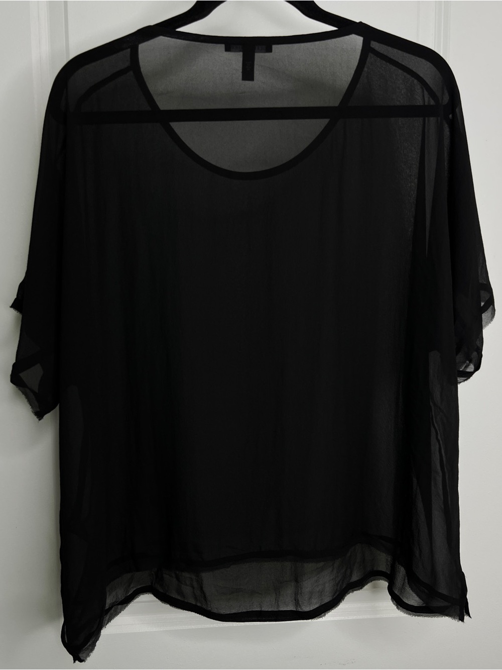 Eileen Fisher Sheer Silk Blouse Black Hi-Lo Hem Boxy Short Sleeve Top Large - Picture 2 of 5